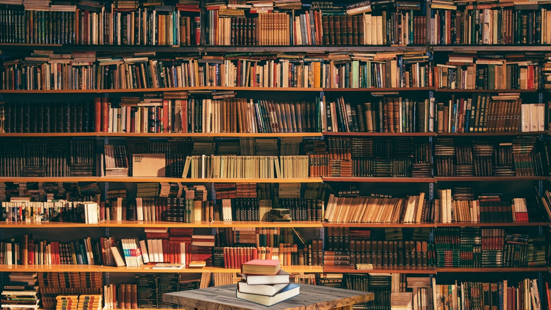 Warm, vintage library shelves filled with books